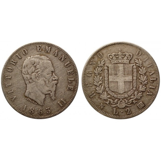 2 Lire 1863 stemma Zecca di Napoli