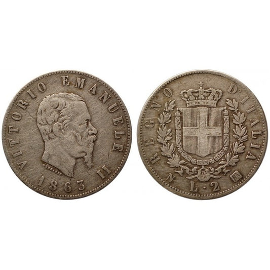 2 Lire 1863 stemma Zecca di Napoli