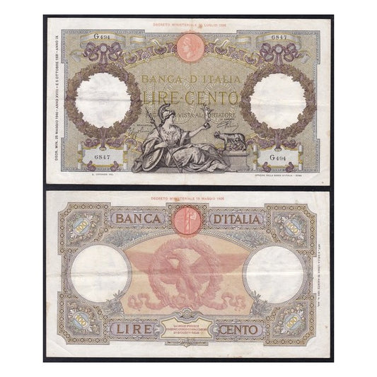 Biglietti di banca 100 Lire 1940 Roma guerriera - Fascio