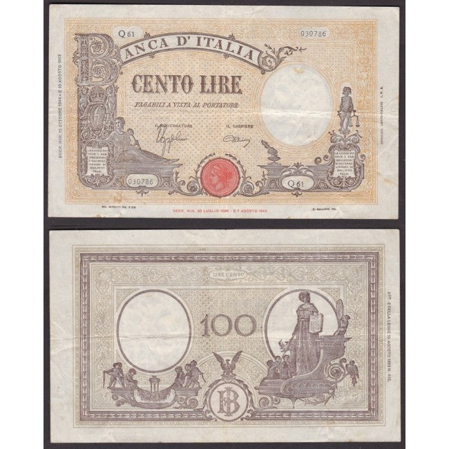 Biglietti di banca 100 Lire 1944 Grande "B" B.I.